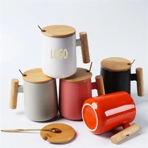 15 Oz Ceramic Coffee Mug with Wooden Lid and Gold Spoon