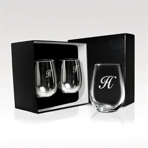 Stemless White Wine Glass Set - 17 oz Sand Etched w/ Giftbox