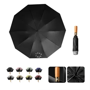 Custom Logo MOQ 50 Reversible Wooden-Handle Anti-Wind Umbrella