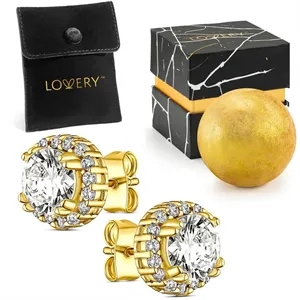 14K Gold Plated Halo CZ Stud Earring with Pouch, Bath Bomb &