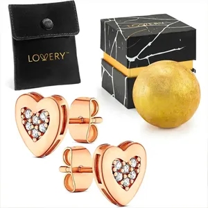14K Rose Gold Plated Heart Earring with CZ Stones, Pouch, Ba