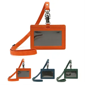 Custom Logo Genuine Leather lanyard Card Cover ID Badge Holder Work