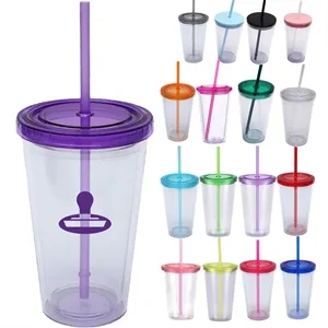16 OZ Double Wall Plastic Cup With Lid And Straw