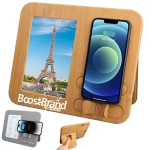 Custom Logo PU Eco Friendly Wood Grain Wireless Charger with Photo Frame