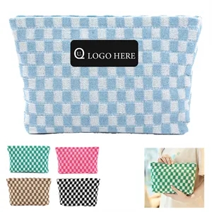 Wool Large Checkered Cosmetic Storage Bag with High Capacity
