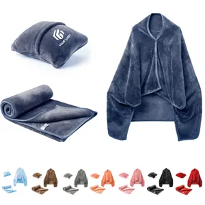 Custom Logo Travel home set wearable soft 2-in-1 shawl blanket pillow
