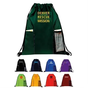 Custom Logo 210D Polyester Drawstring Gym & Sport Backpack w/ Pockets