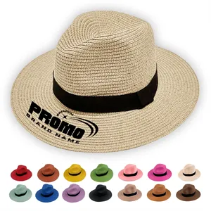 Custom Logo Wide Brim Straw Sun  UV Protection Beach Hat Summer Cap