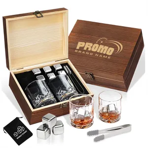 Luxury Whiskey Glass Gift Set with Stone Ice & Wood Box