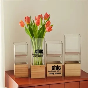 Custom Square Transparent Vase with Wooden Base