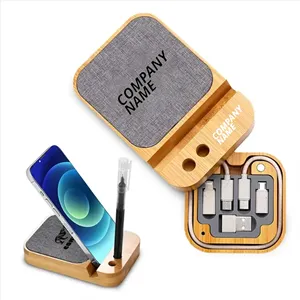 Custom Logo Bamboo Wireless Charger 6 in 1 Multi Cable Set