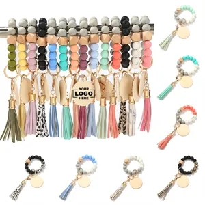 Silicone Bead Bracelet Keychain with Wooden Sign