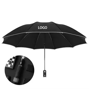 Custom Logo LED Lights Reverse Folding Umbrella with Reflective Strips