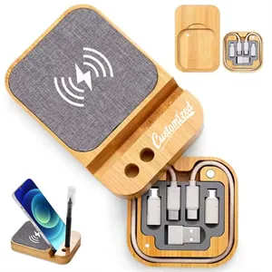 Custom Logo Bamboo Wireless Charging Phone Stand with Pen Holder