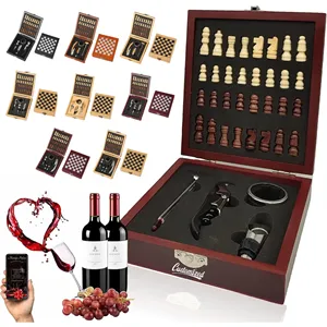 Wooden Chess and Wine Tool Gift Set with Game Board Lid