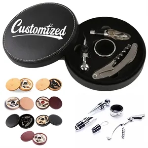 4 Piece Wine Gift Set in Round Leather Case