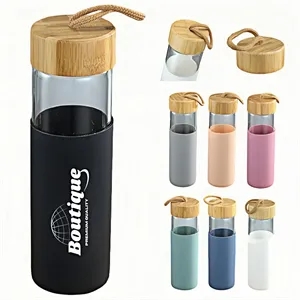 Custom Logo Glass Water Bottle With Bamboo Lid And Silicone Sleeve