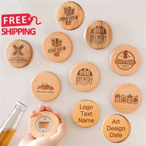 2.5In DIY Wooden Round Shape Beer Magnetic Bottle Opener