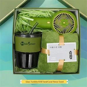 3 Pcs Business Gift Box Set W/ Glass Tumbler USB Fan Towel