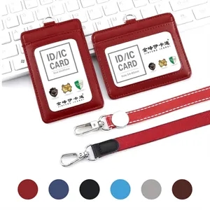 Custom Logo Custom Leather ID Badge Holder with Round Cord Lanyard