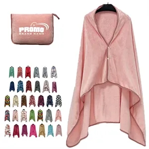Custom Logo Wearable Coral Fleece Blanket with Button and Foldable Pouch