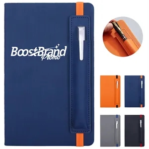 Custom Logo A5 Textured Notebook with with External Pen Holder Strap