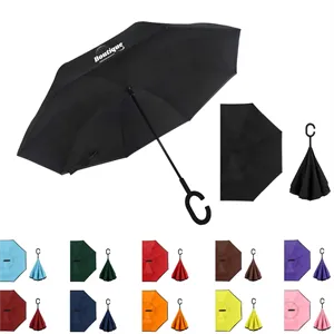 Custom Logo C Handle Reverse Umbrella Double Layer Rain Sun Use