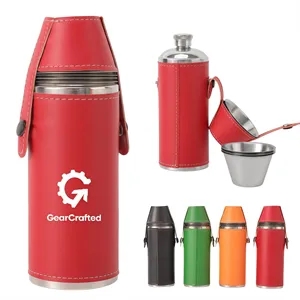 8 Oz Leather Wrapped Stainless Steel Flask Set with Cups