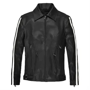 Custom Logo Sleek Striped Racer Leather Jacket
