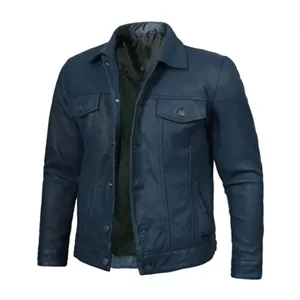 Custom Logo Midnight Blue Premium Leather Trucker Jacket