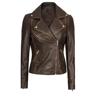 Custom Logo Women's Classic Brown Moto Leather Jacket