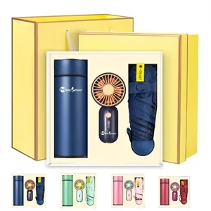 3pcs Business Gift Set Umbrella USB Fan Water Bottle W/ Box