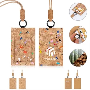 Custom Logo Natural cork 3 card slots ID badge holder with neck lanyard