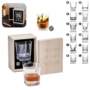 Whiskey Wooden Gift Set with Single Glass and 3 Stones