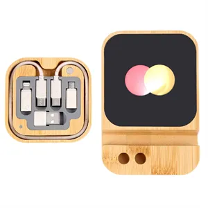 Custom Logo Bamboo 4-in-1 Wireless Charger Cable Kit Phone Holder