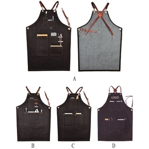 Denim Apron with Cross-back Leather Straps