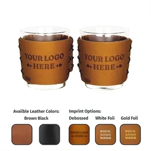 Custom Logo Full-Grain Leather Highball Sleeve & Glass-Box Set of 2