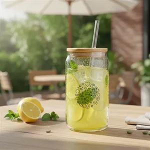 Custom Logo 18oz. Glass Tumbler with Bamboo Lid & Straw