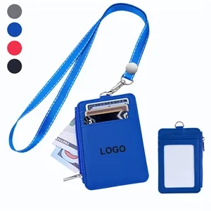 Custom Logo Custom PU Leather Lanyard Badge Holder with Zippered Pocket