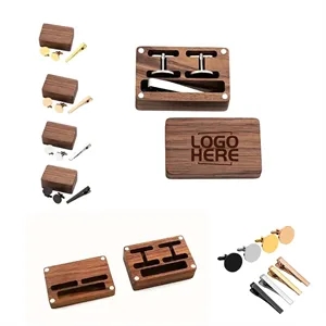 Custom Logo Wooden Cufflink And Tie Clip Gift Set Box