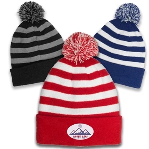 Knit Beanie PomPom w/ Two Tone Stripe