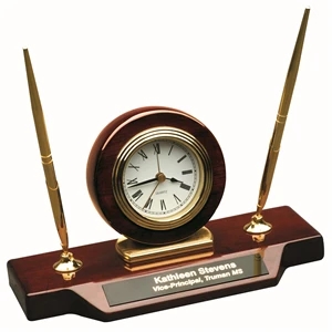 9" x 4 3/4" Piano Finish Desk Clock on Base w/ 2 Pens