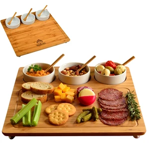 Bamboo Charcuterie Serving Board with Ceramic Bowls & Spoons