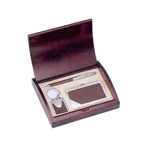 Executive Pen, Card Case, and Key Chain Set in Brown Leather