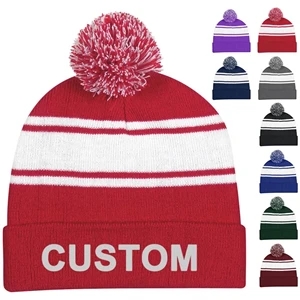 Two-Tone Knit Pom Striped Beanie With Cuff