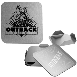 Steel 6 Piece Square Coaster Set w/ Stand & Custom Imprint