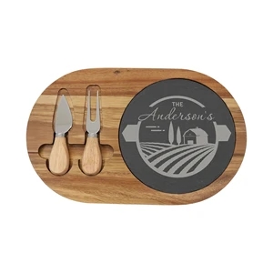 12 1/2" x 7 3/4" Acacia Wood/Slate Oval Cheese Set