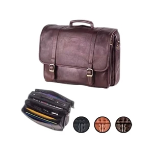 Leather Executive Laptop Briefcase With Accordion Folders And Laptop Pocket