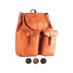 Leather Drawstring Backpack With Two Exterior Pockets With Magnetic Snaps