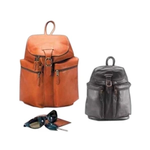 Leather Zip Top Backpack With Two Exterior Zip Pockets And Lightly Padded Straps